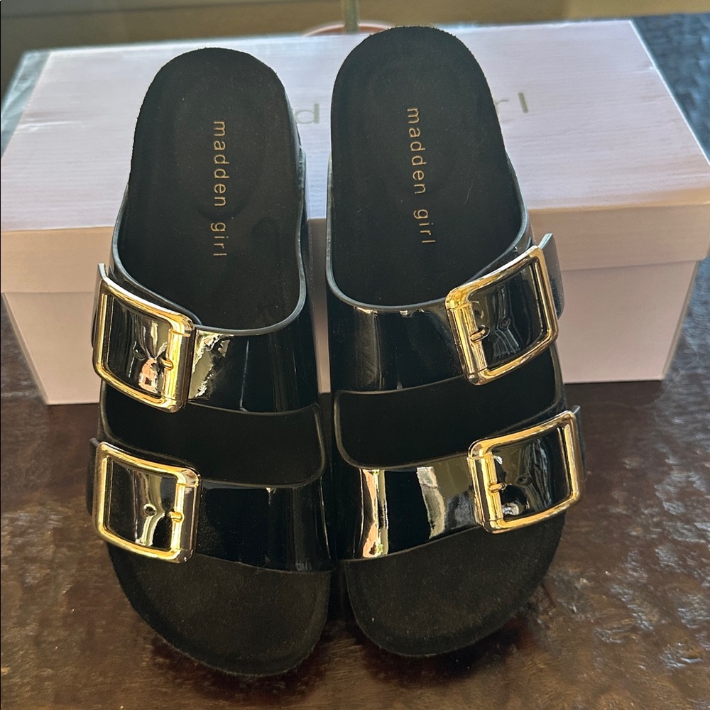 Madden Girl Shiny Black Sandals with Gold Buckles